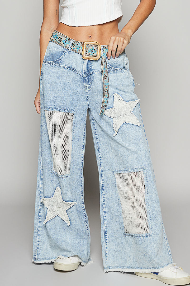 4832- POL WIDE LEG STAR PATCH PANTS-DENIM – Boho Luv Boutique