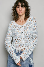 Load image into Gallery viewer, 5894- POL LONG SLEEVE CROCHET CARDIGAN-BLUE