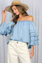 Load image into Gallery viewer, 5938-Off the Shoulder 4Tiers Ruffle Sleeve Chambray Top