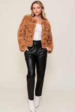 Load image into Gallery viewer, 3834-Long sleeve open front faux fur jacket -CAMEL