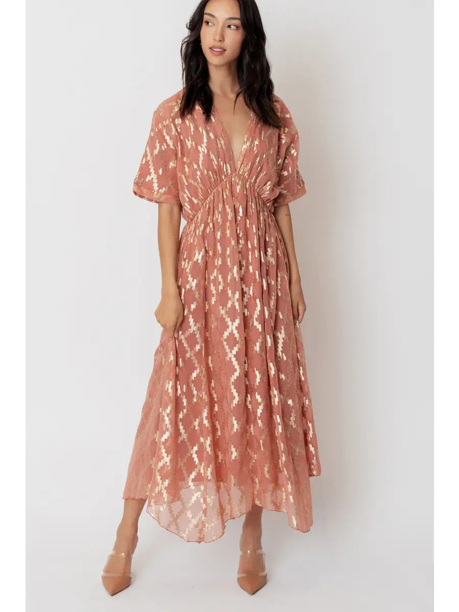 4144-V-Neck Kimono Sleeve Maxi Dress with Lurex-ROSE GOLD – Boho Luv  Boutique