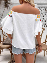Load image into Gallery viewer, 5118-Tassel Crochet Floral Off Shoulder Ruffle Sleeve Top