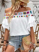 Load image into Gallery viewer, 5118-Tassel Crochet Floral Off Shoulder Ruffle Sleeve Top