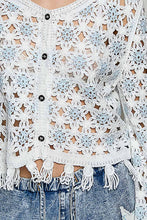 Load image into Gallery viewer, 5894- POL LONG SLEEVE CROCHET CARDIGAN-BLUE