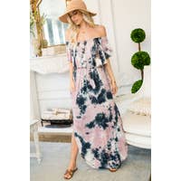 Load image into Gallery viewer, 956-TIE-DYED OFF SHOULDER MAXI DRESS-MAUVE