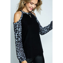 Load image into Gallery viewer, 5493-Cold Shoulder Long Sleeve Knit Top-BLK/GREY
