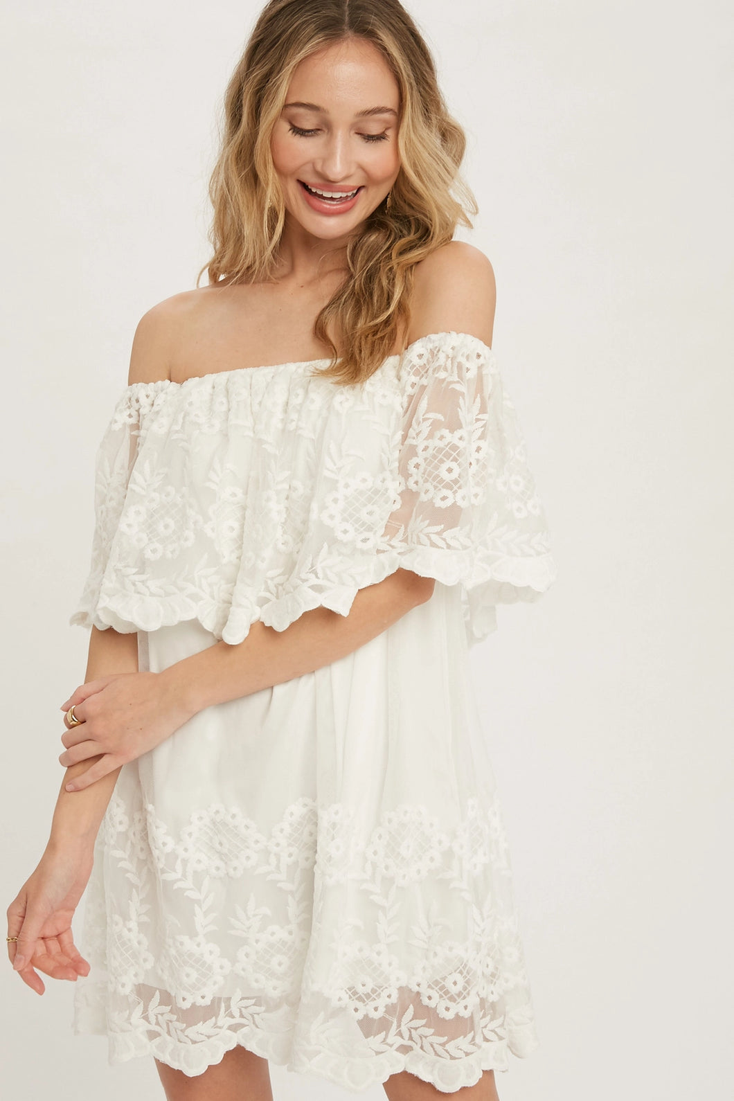 4447-Off the Shoulder Lace Dress-IVORY