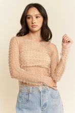 Load image into Gallery viewer, 5527-Bead and Pearl Embellished Long Sleeves Mesh Top-NUDE
