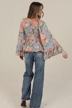 Load image into Gallery viewer, 6080- V Neck Floral Print Wide Bell Sleeve Top-BLU/OR

