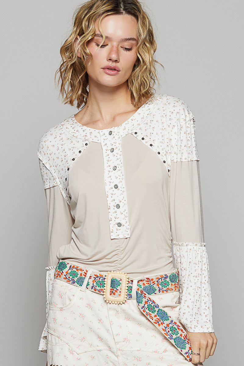4812- POL round neck ruffle sleeve fitted fit top -OATMEAL