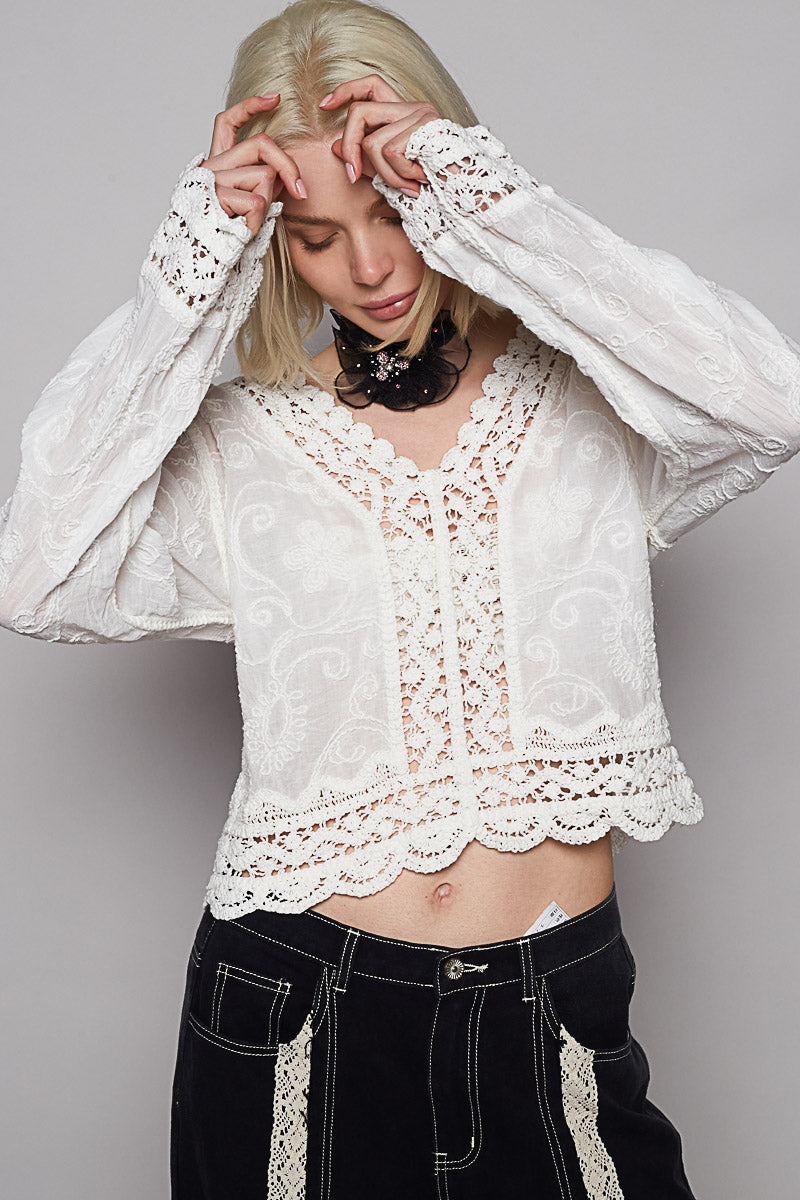 5113- POLV-neck long sleeve cropped fit top -WHITE