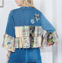 Load image into Gallery viewer, 6037- Boho Chic: Tiered Patchwork Denim Cropped Shrug
