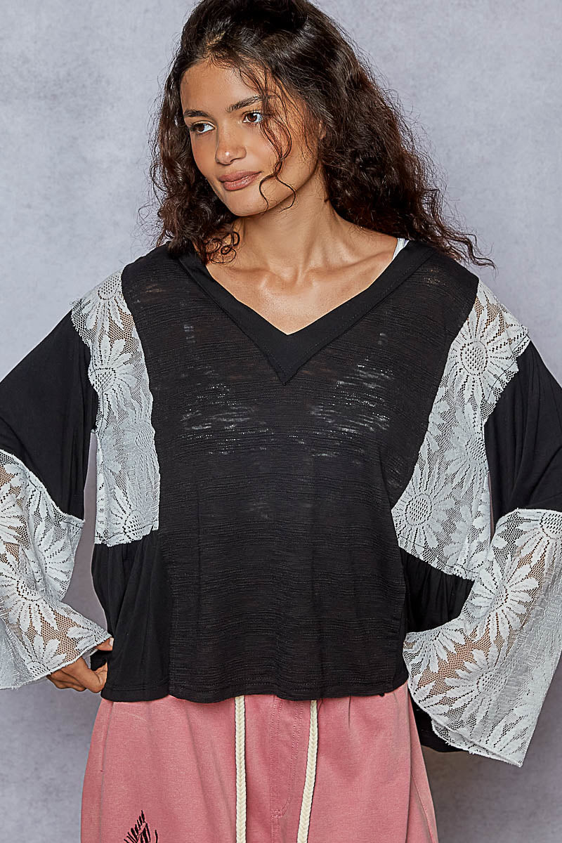 5248- POL V NECK JERSEY W LACE-BLACK