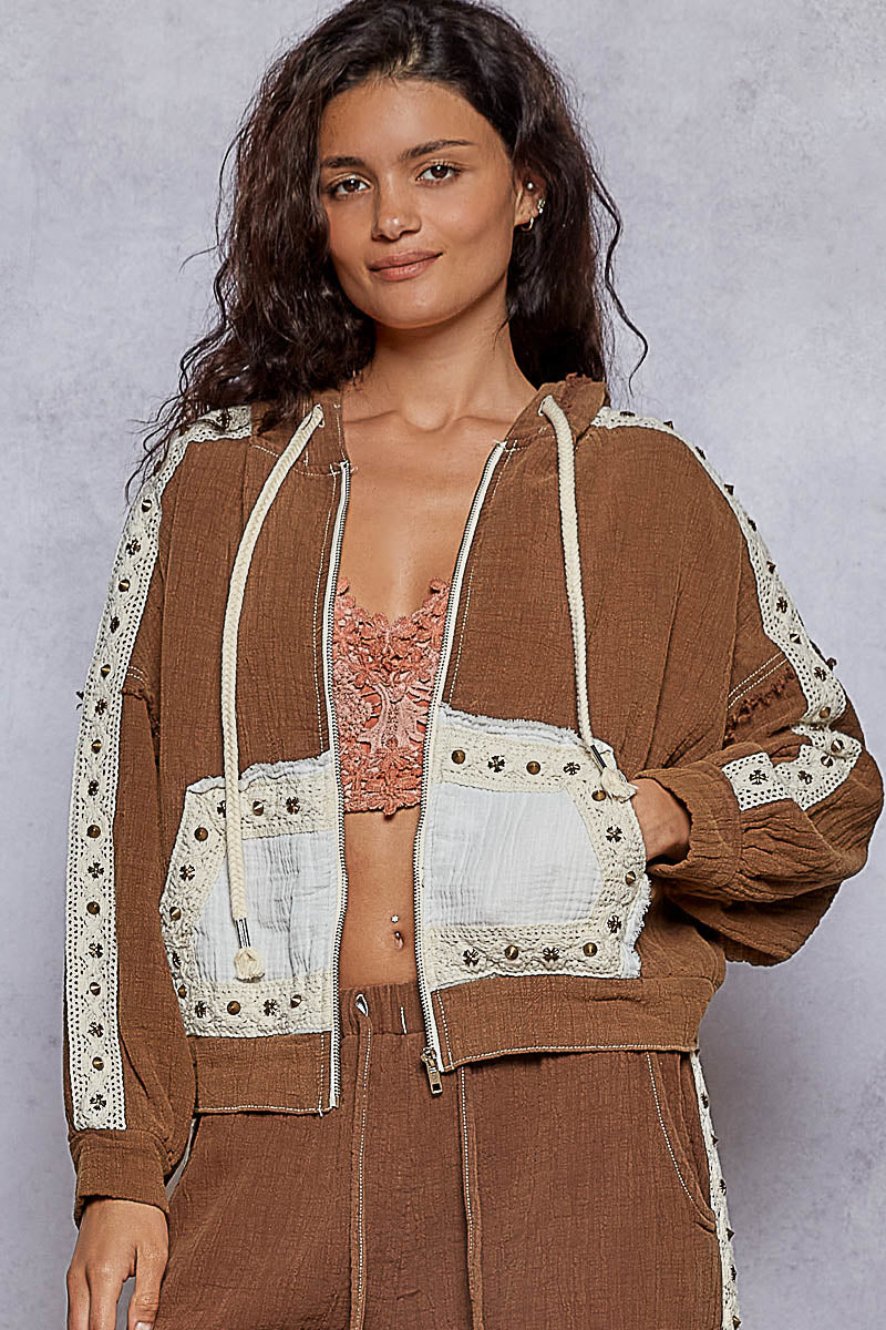 5482- POL GAUZE ZIP JACKET WITH STUDS-CHOCOLATE