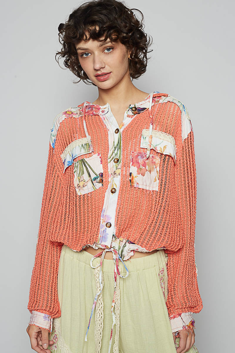 5247- POL BUTTON DOWN HOODIE-ORANGE