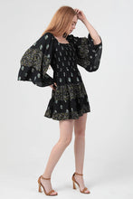Load image into Gallery viewer, 5587- Mixed Print Wide Bell Sleeve Smocked Bodice-BLACK
