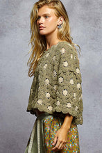 Load image into Gallery viewer, 5470- POL 3/4 SLEEVE CROCHET PATTERNED TOP-OLIVE
