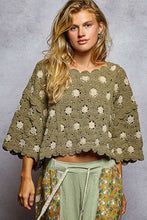 Load image into Gallery viewer, 5470- POL 3/4 SLEEVE CROCHET PATTERNED TOP-OLIVE
