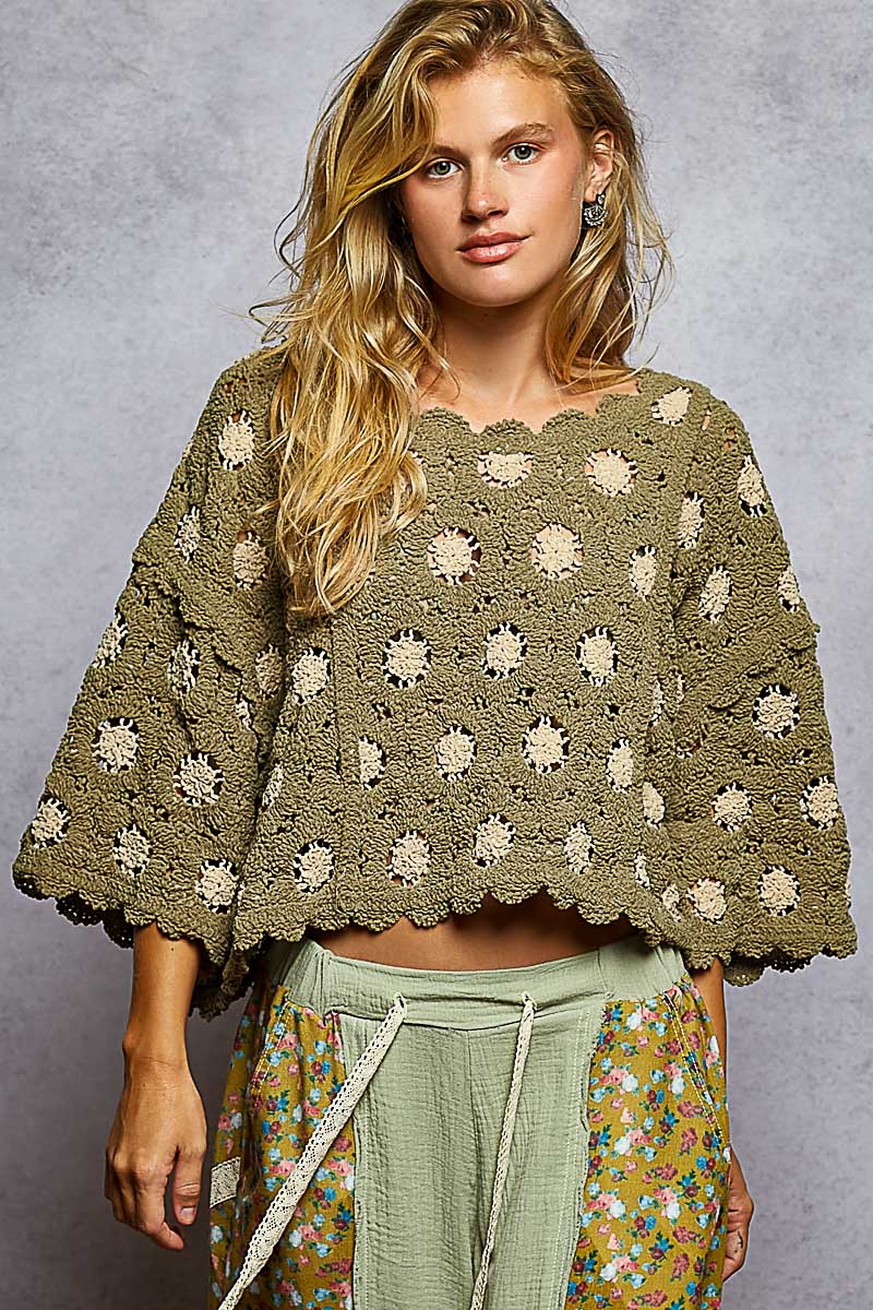 5470- POL 3/4 SLEEVE CROCHET PATTERNED TOP-OLIVE