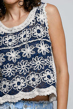 Load image into Gallery viewer, 6287-POL Round Neck Sleeveless Crochet Top-BLUE
