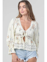 Load image into Gallery viewer, 5821-Lace Trim tie front long sleeve top-cream
