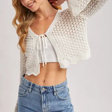 Load image into Gallery viewer, 6124- Open Knit Crochet Front-Tie Cropped Cardigan -IVORY
