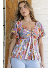 Load image into Gallery viewer, 6083- Lace Inserts Twist Front Floral Print Blouse-MULTI
