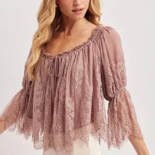 Load image into Gallery viewer, 6408- Wide Neck Ruffled Eyelash Lace Blouse -MAUVE
