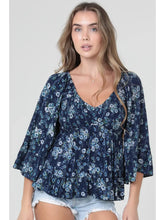 Load image into Gallery viewer, 5823-Eyelet Embroidered and Printed Smocked V Neck-blue
