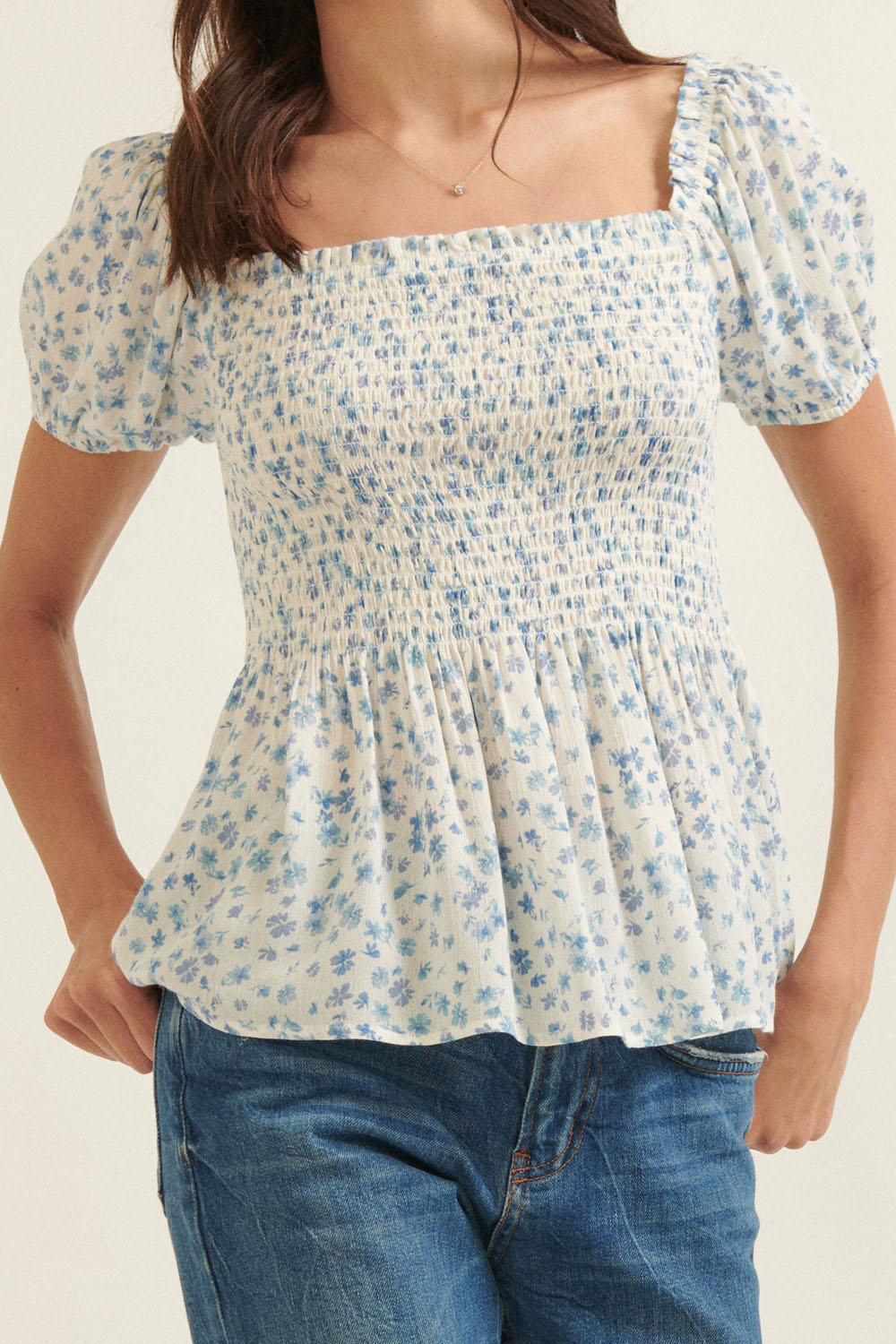 4232-Floral Square Neck Puff Sleeve Babydoll Blouse