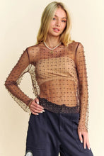 Load image into Gallery viewer, 5526-Bead and Pearl Embellished Long Sleeves Mesh Top-BROWN
