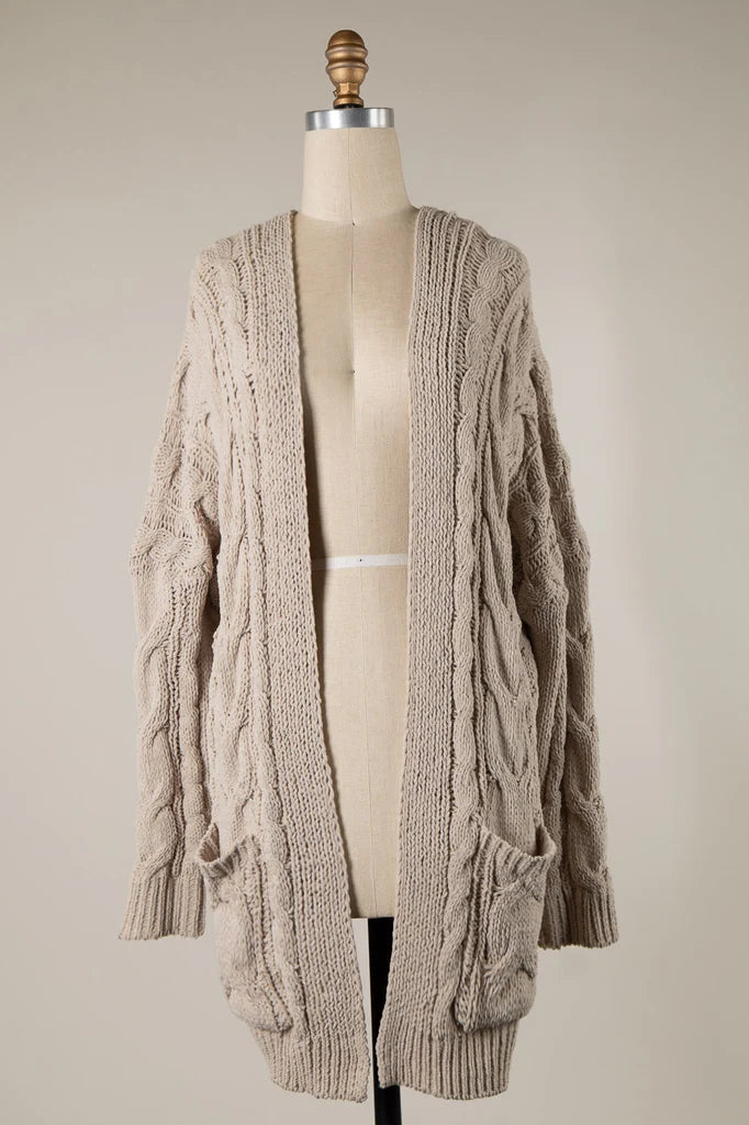 4895-CABLE KNIT CHENILLE CARDIGAN WITH POCKETS-NUDE