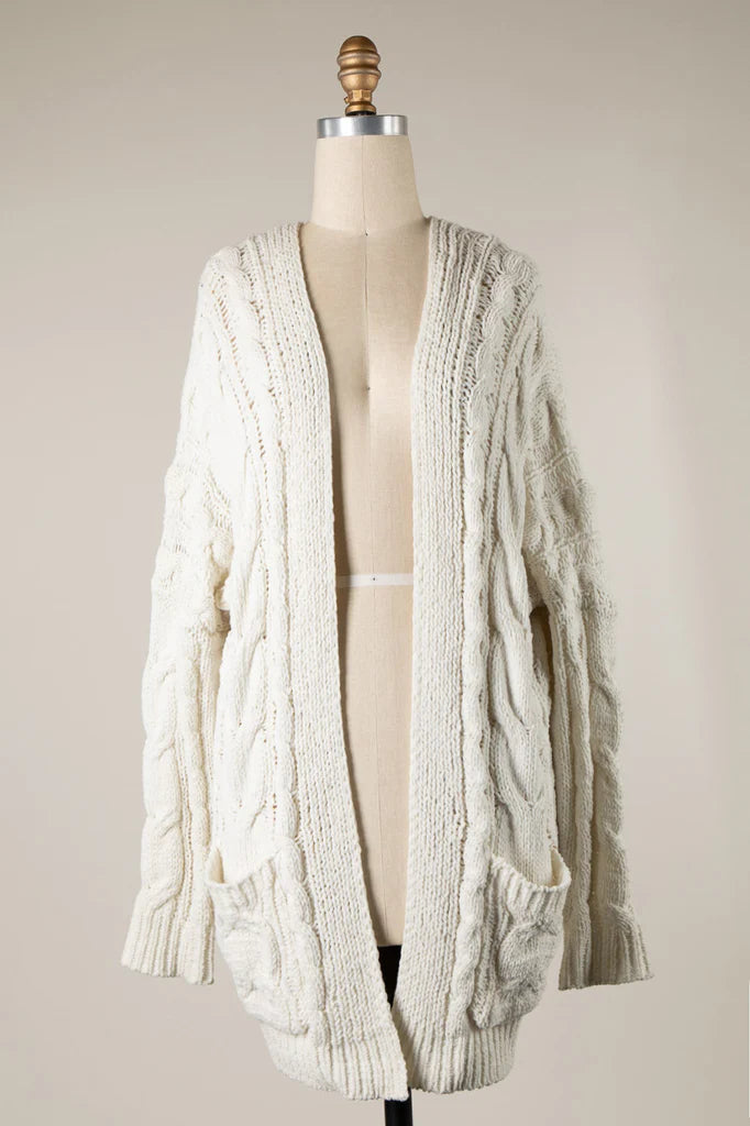 4894-CABLE KNIT CHENILLE CARDIGAN WITH POCKETS-IVORY
