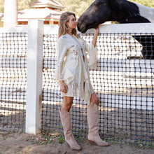Load image into Gallery viewer, 5951-Western Boho Chic: Embroidered Denim Long Shrug
