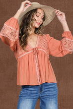 Load image into Gallery viewer, 6344- Eyelet Lace Tie Front V-Neck Long Puff Blouse -SIENNA
