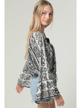 Load image into Gallery viewer, 5819-Lace Trim Wide Bell Sleeve Drawstring Hem Top-black
