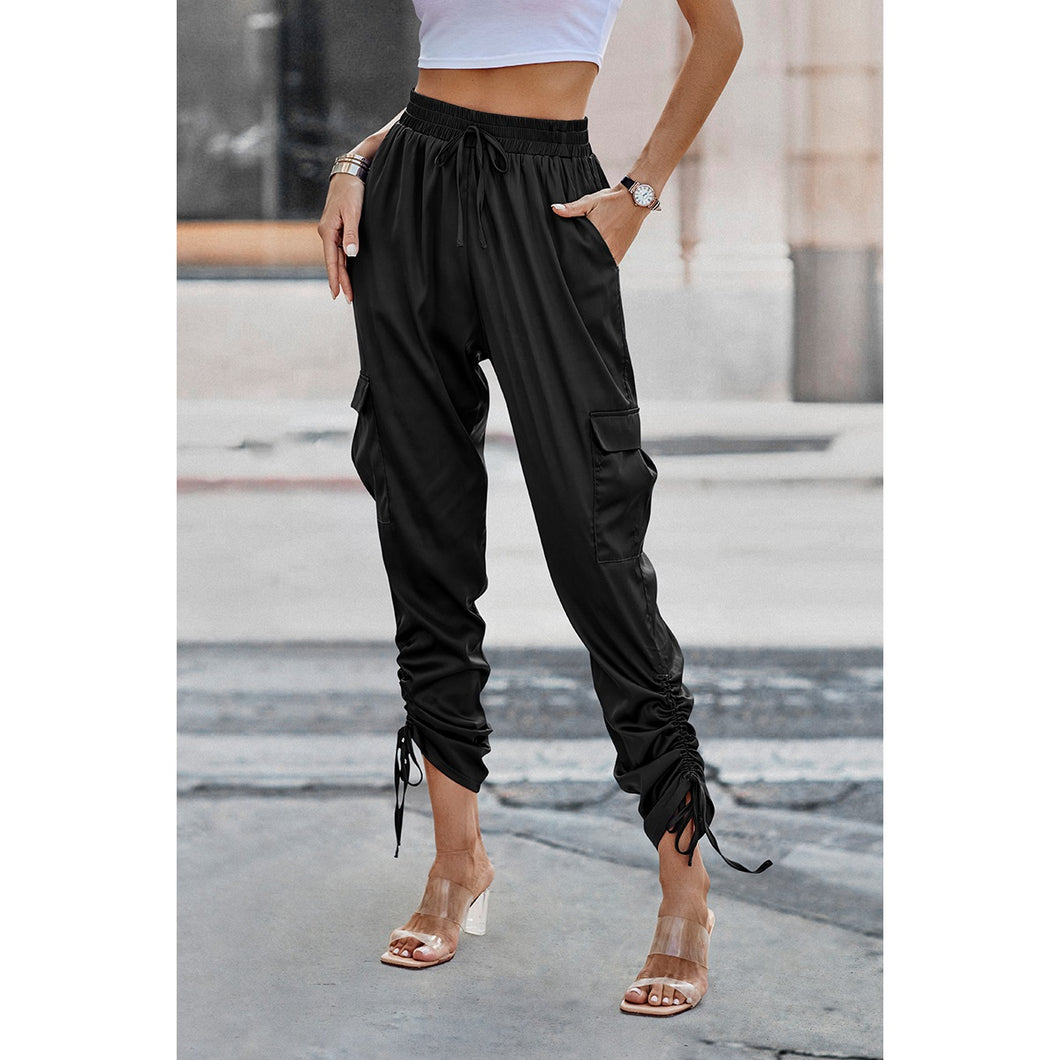 4922-Soild Pockets Ruffle Slip Sport Pant-BLACK