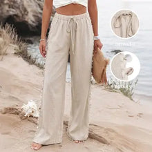 Load image into Gallery viewer, 6113- Women Drawstring Side Detail Wide Leg Beach Pants-KHAKI
