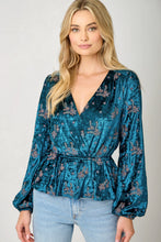 Load image into Gallery viewer, 6657-  Embroidery Velvet Surplice Neck Blouse-EMERALD
