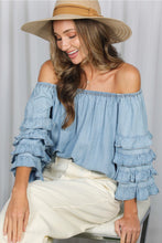 Load image into Gallery viewer, 5938-Off the Shoulder 4Tiers Ruffle Sleeve Chambray Top
