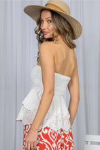 Load image into Gallery viewer, 6051- Scalloped Eyelet Lace Ruffle Detail Smocked Tube Top -WHITE
