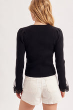 Load image into Gallery viewer, 6357-Lace Cuff Ribbed Knit V-Neck Top-BLACK
