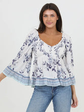Load image into Gallery viewer, 5177-Long Flare Slv Top with Smocked Bodice-BLU/WT
