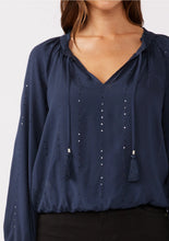 Load image into Gallery viewer, 5440-Sequin Long Sleeve Tassel Tie Neck Blouse-MIDNIGHT NAVY
