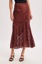 Load image into Gallery viewer, 6368- Romantic Satin Lace Trimmed Split Midi Skirt-BROWN/MAROON
