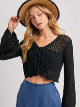 Load image into Gallery viewer, 6123- Open Knit Crochet Front-Tie Cropped Cardigan -BLACK
