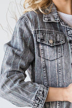 Load image into Gallery viewer, 5354-Stripe Rhinestone Distressed Color Denim Jacket-BLACK
