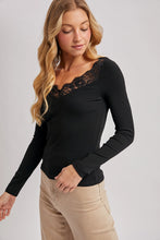 Load image into Gallery viewer, 6713- V-Neck Lace Trim Ribbed Knit Long Sleeve Top
