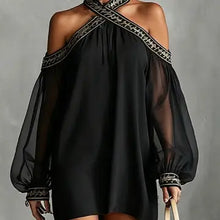 Load image into Gallery viewer, 6396- Embroidered Off-Shoulder Dress with Balloon Sleeves-NAVY
