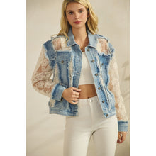 Load image into Gallery viewer, 5865-Denim Jacket with Floral Organza Inset-WHITE
